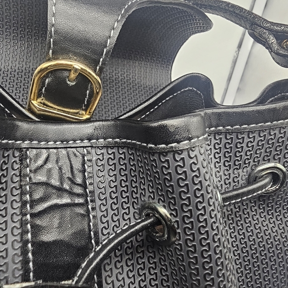 CHARLES JOURDAN Vintage Coated Canvas Black Leather Drawstring Bucket Bag - Picture 12 of 15